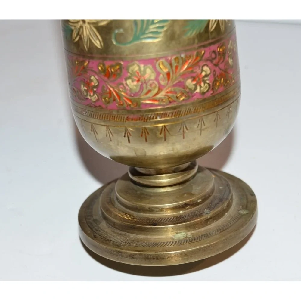 Vtg Brass Colorful Etched Vase Red & Green Footed Made India